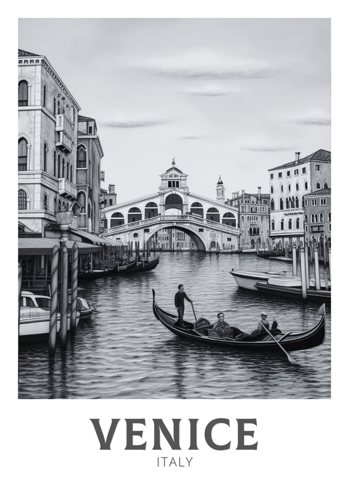 Affiche de voyage noir et blanc de Venise - Illustration d'Italie
