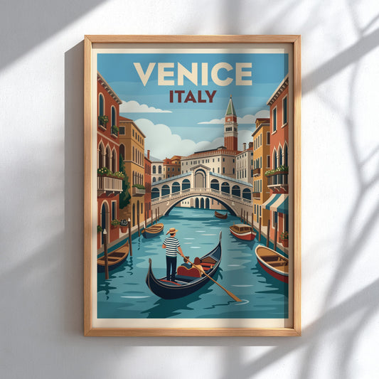 Venice Italy travel poster featuring a gondolier on a canal with Rialto Bridge