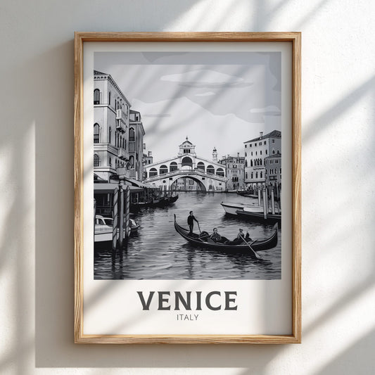 Venice black and white travel poster on a natural oak frame