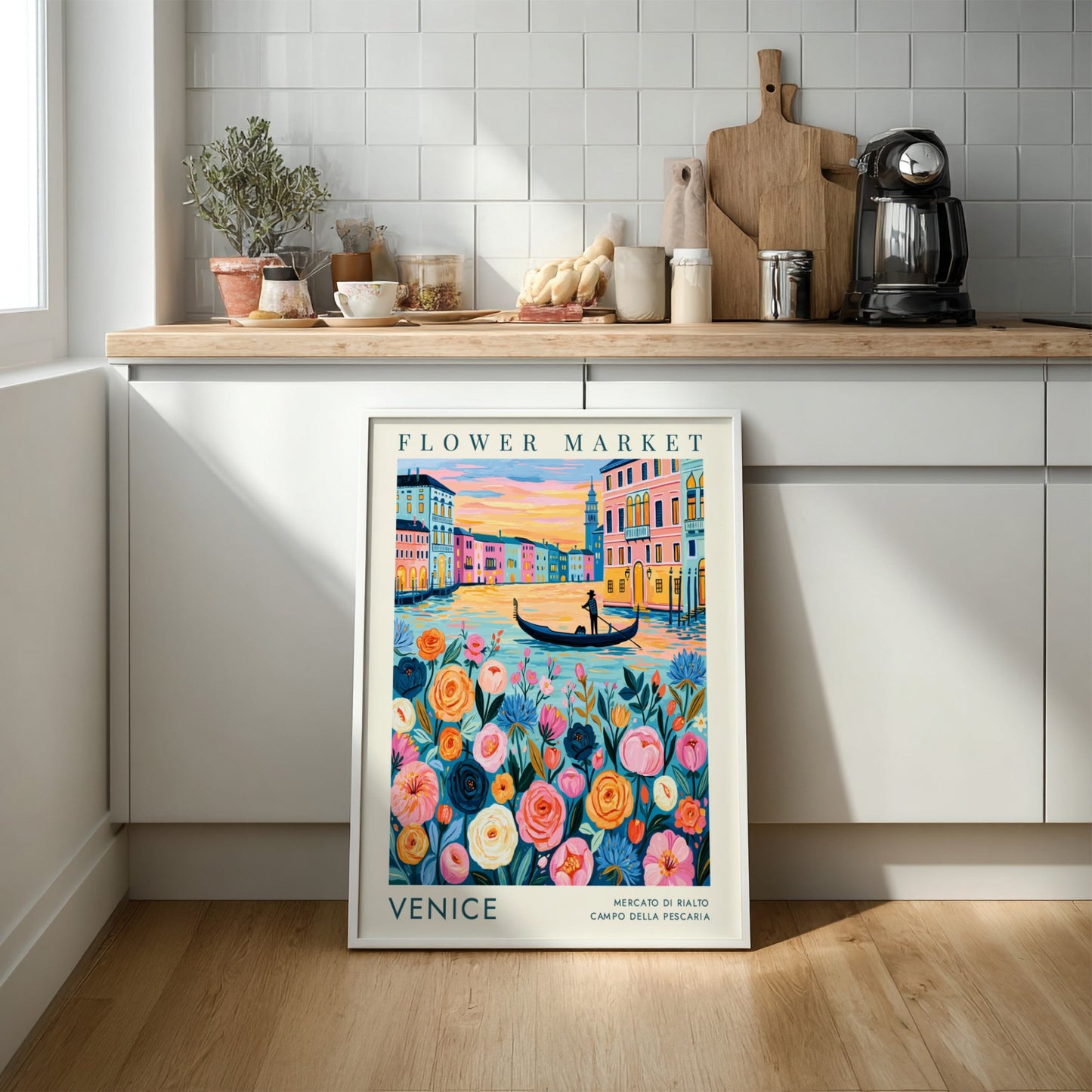 Flower market poster featuring vibrant colors and a cityscape of Venice, perfect for home decor and travel