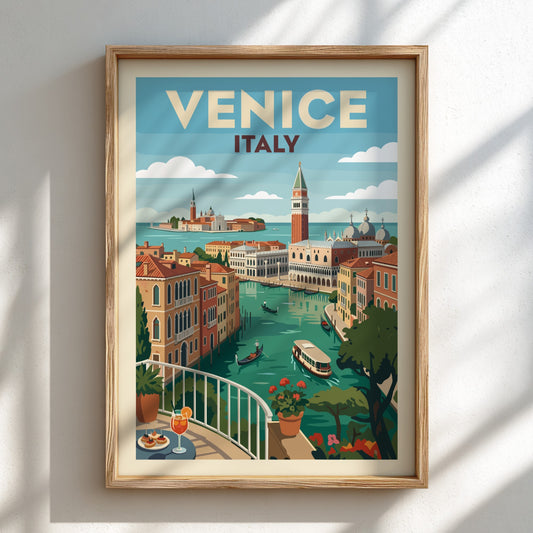 Venice Italy travel poster print of a canal with gondolas and colourful buildings in a vintage illustration