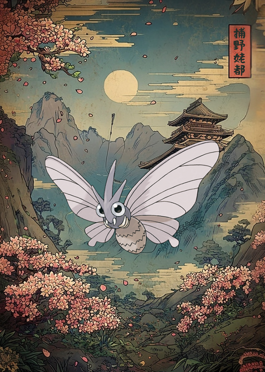 Venomoth Pokemon flying over a traditional Japanese landscape with cherry blossoms and a temple.