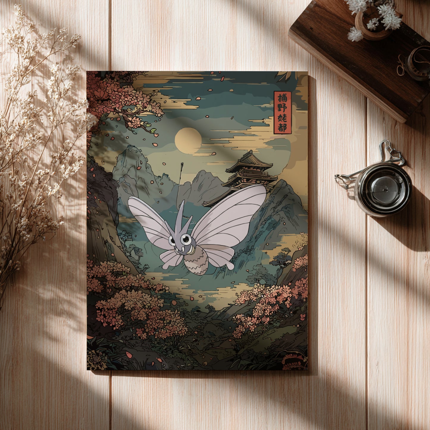 Poster with Venomoth Pokemon design on a wooden surface with a cup and flowers.