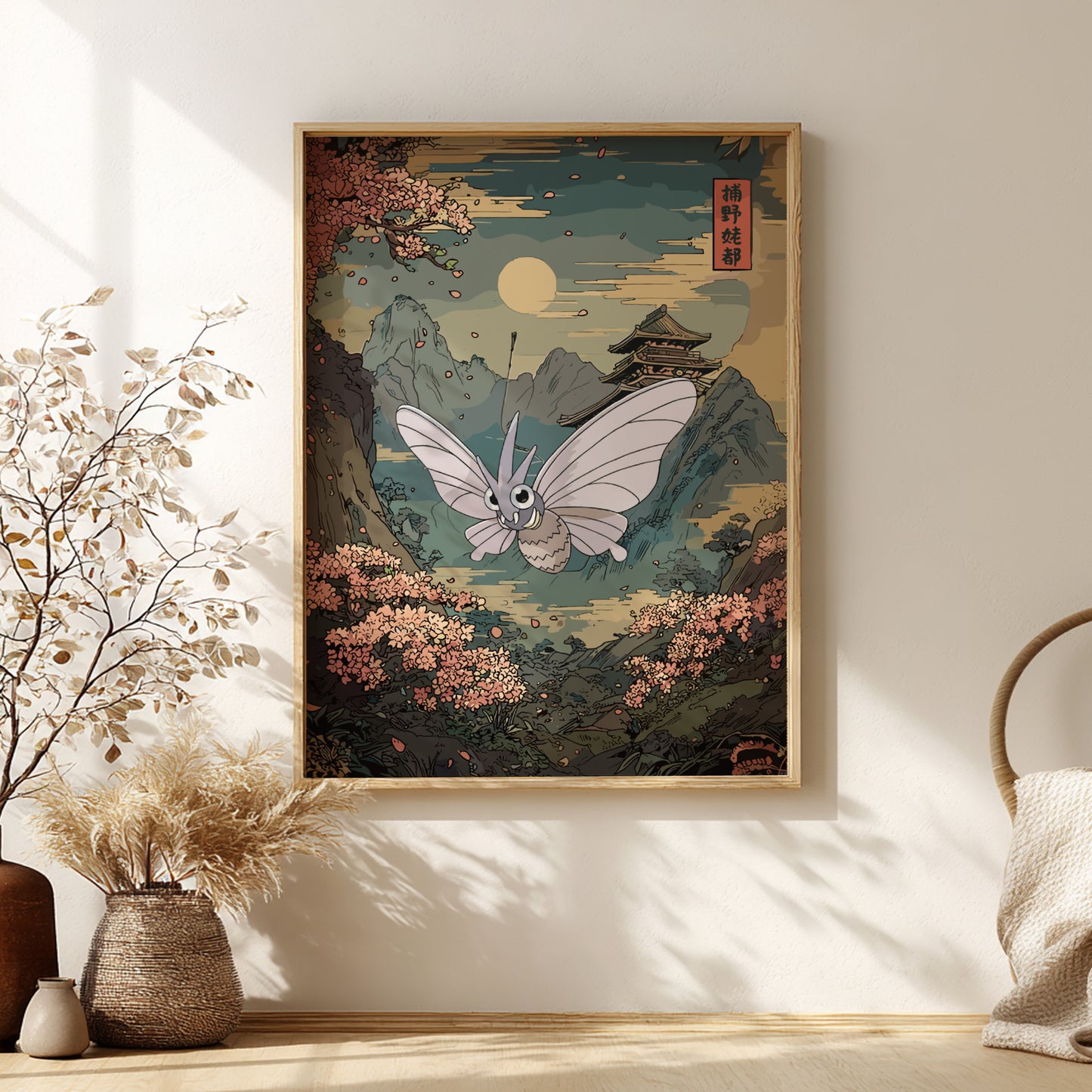 Framed artwork of Venomoth Pokemon over cherry blossoms with a traditional Japanese building on a wall.