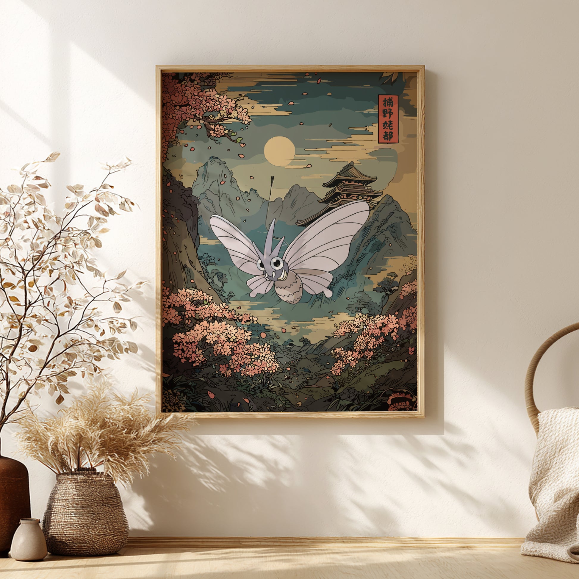 Framed artwork of Venomoth Pokemon over cherry blossoms with a traditional Japanese building on a wall.