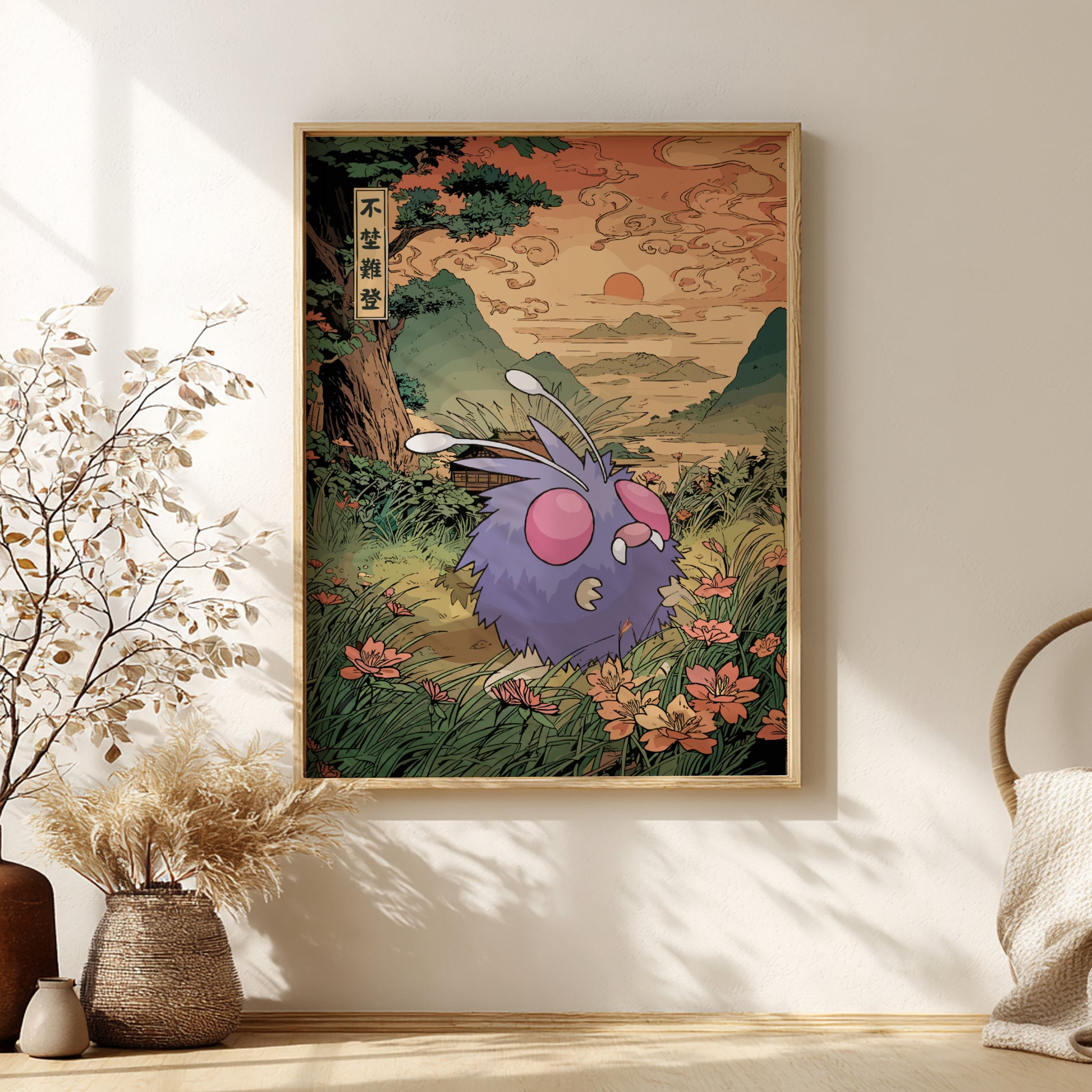 Framed artwork of Venonat Pokemon Poster character in a natural setting on a wall with decorative elements.
