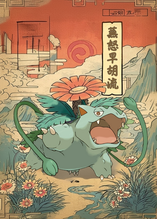 Cartoon Venusaur Pokemon in a stylized, possibly Japanese, landscape with flowers and mountains.