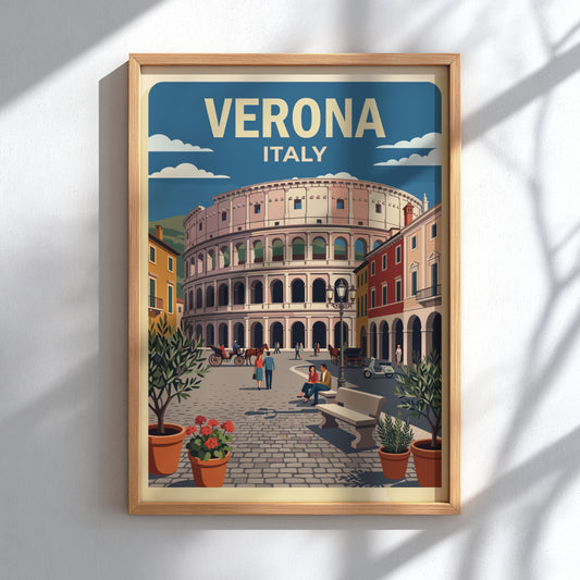 Verona Italy travel poster featuring a historic stone amphitheater surrounded by Mediterranean buildings.