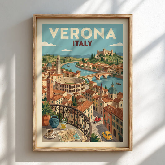 Vintage Verona Italy travel poster featuring the Arena, Adige River, and cityscape in a warm, illustrative