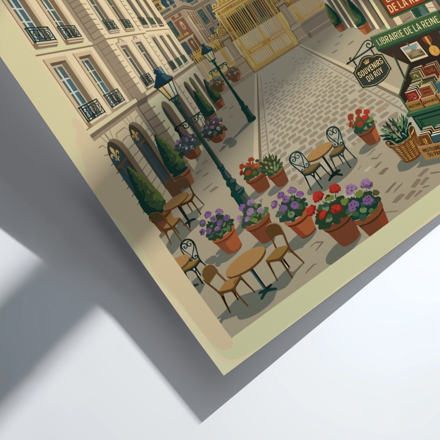 Vintage travel poster of a street leading to the Palace of Versailles, France, with cafes and flowers.