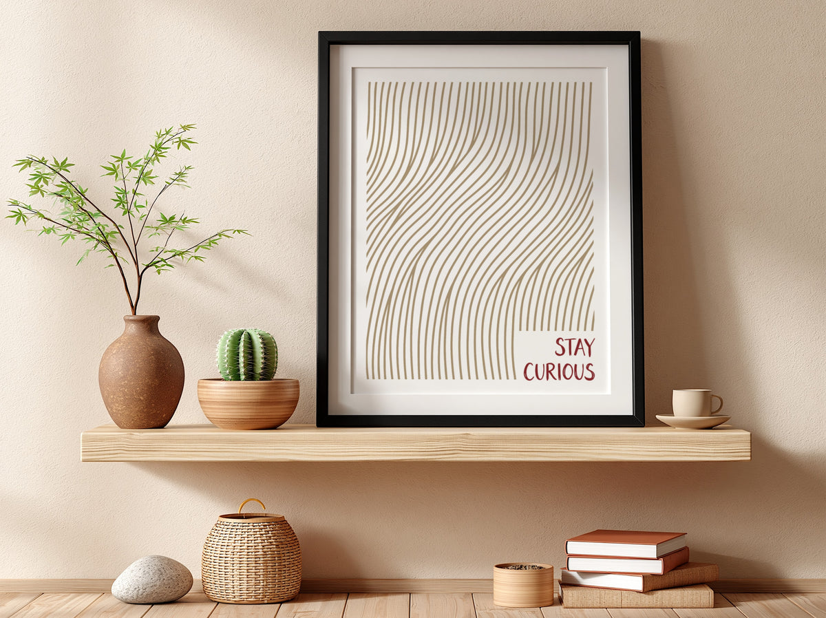 Motivational poster with golden wavy lines and the text Stay Curious in red