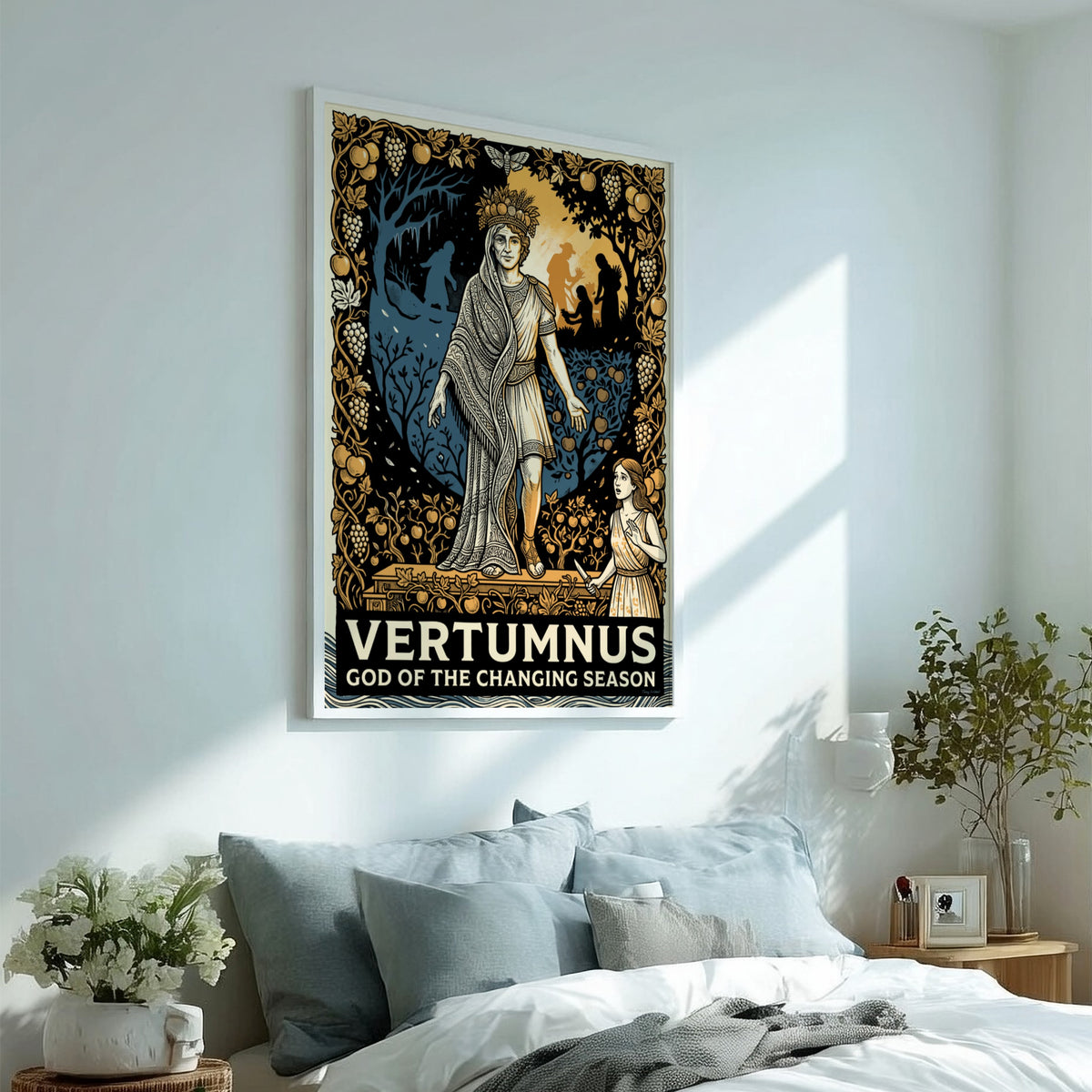 Poster of Vertumnus, the god of seasons, surrounded by harvest fruits in amber tones.