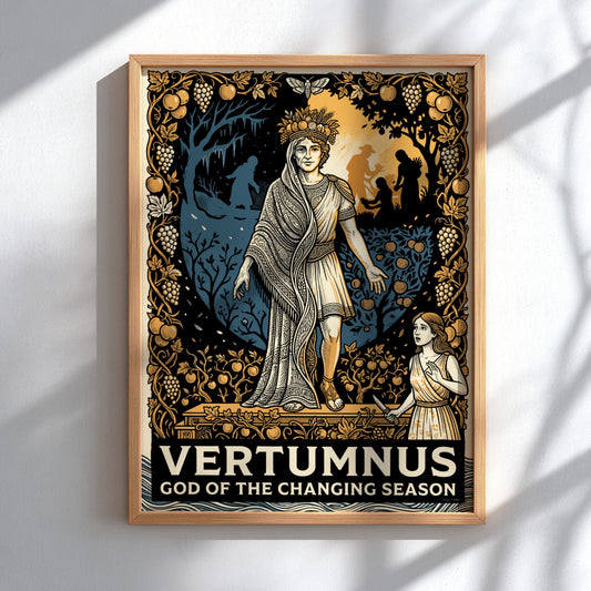 Poster of Vertumnus, the god of seasons, surrounded by harvest fruits in amber tones.