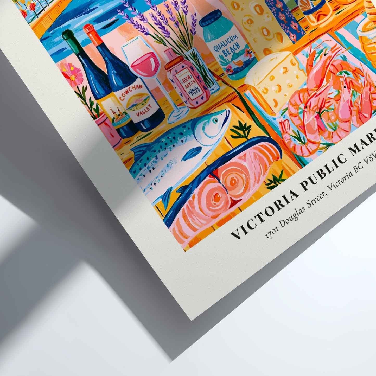Victoria Public Market poster featuring colorful market scene with local produce and vibrant colors
