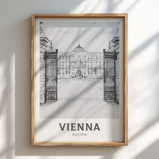 Framed artwork of a gate with 'Vienna, Austria' text on a light background