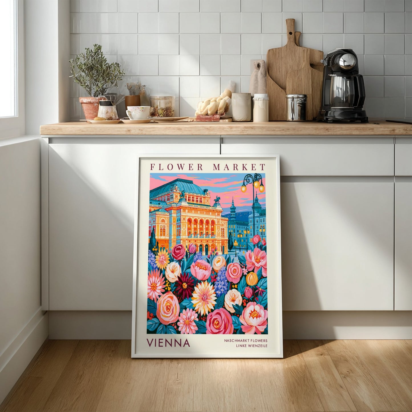 Flower market poster showcasing vibrant colors and city scenery with blooming flowers