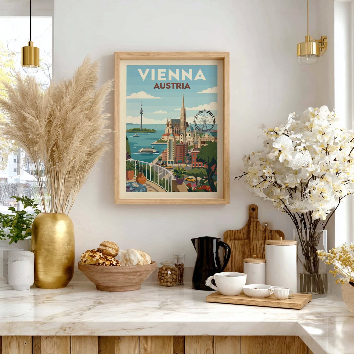 Vienna Austria travel poster featuring a colorful cityscape with landmarks and a vintage art style.