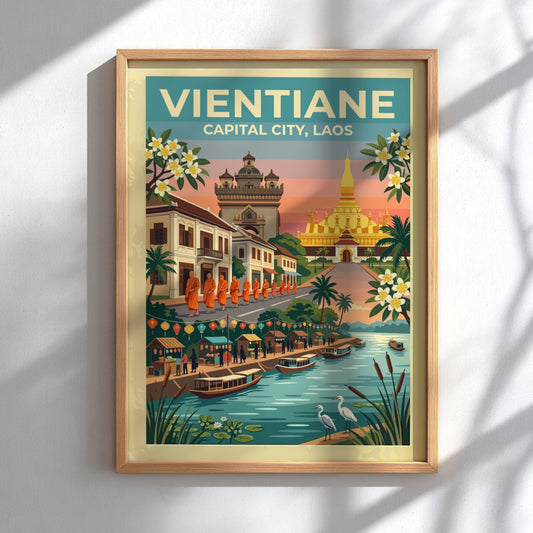 Travel poster of Vientiane Laos featuring golden stupas monks and boats at sunset