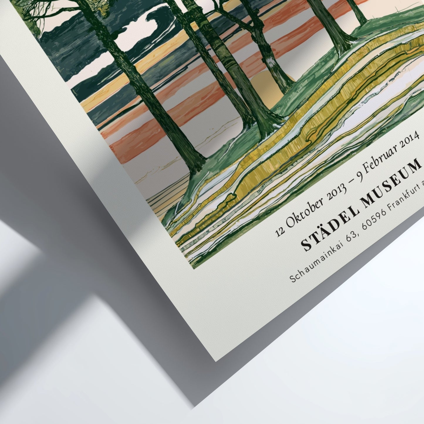 Egon Schiele exhibition poster featuring Vier Bäume with trees and a colorful sky