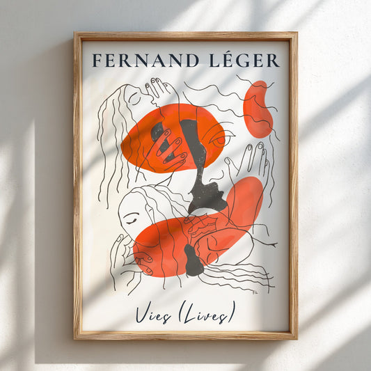 Poster of Fernand Léger's abstract drawing 'Vies (Lives)' with orange shapes and line art.
