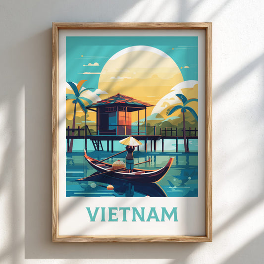 Framed artwork of Vietnam with a hut, boat, and palm trees on a blue background.