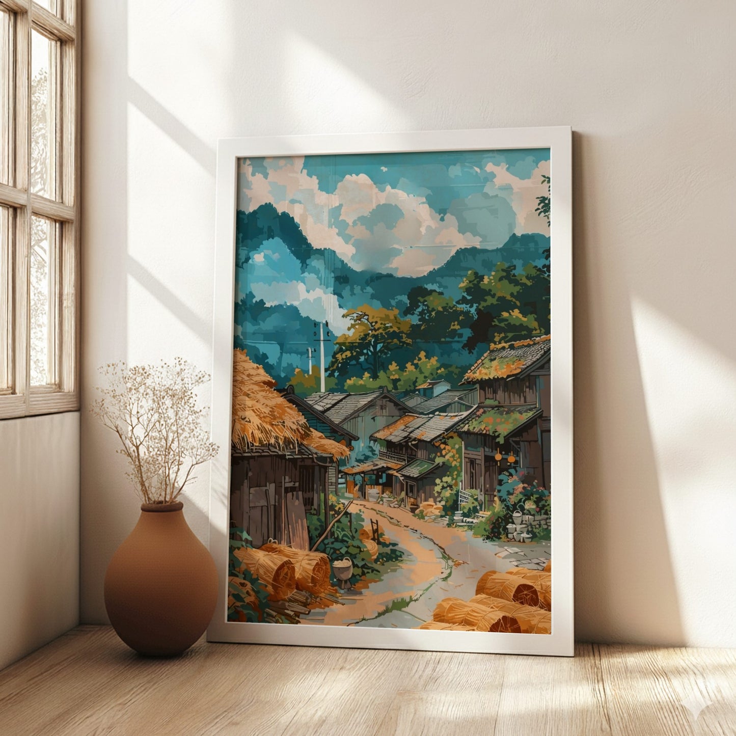 Framed artwork of a village scene with mountains in a bright room.