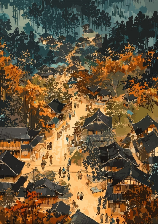 Affiche de voyage au Vietnam - Œuvre d'art d'un village animé