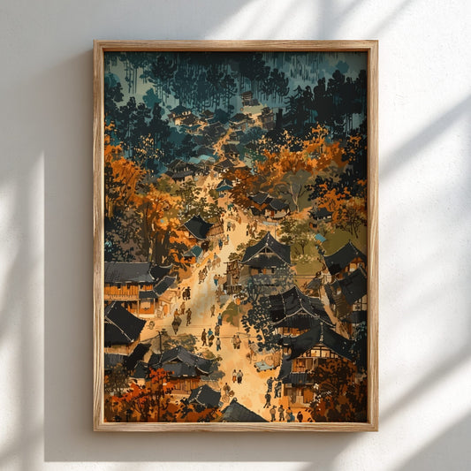 Framed artwork of a traditional Vietnamese village scene with trees and buildings.