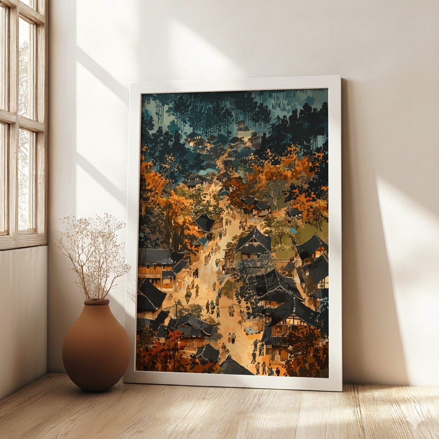 Framed abstract artwork in a room with a vase on a wooden floor