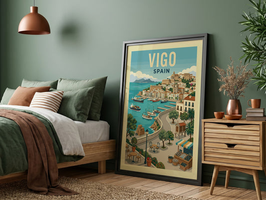 Vigo Spain travel poster featuring a colorful illustration of a coastal harbor with boats and town.