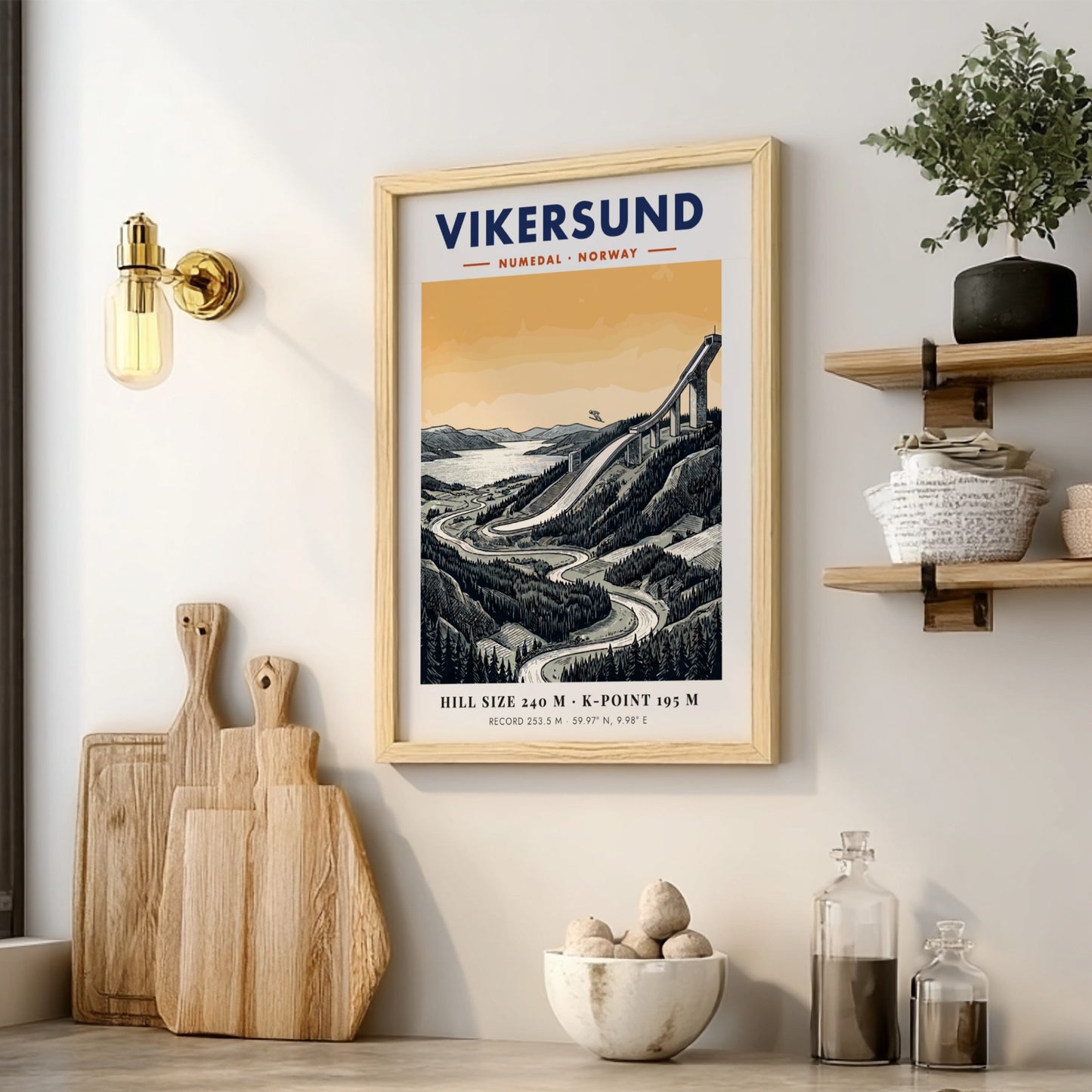 Poster featuring the Vikersund ski jump in Norway with a forest landscape background.