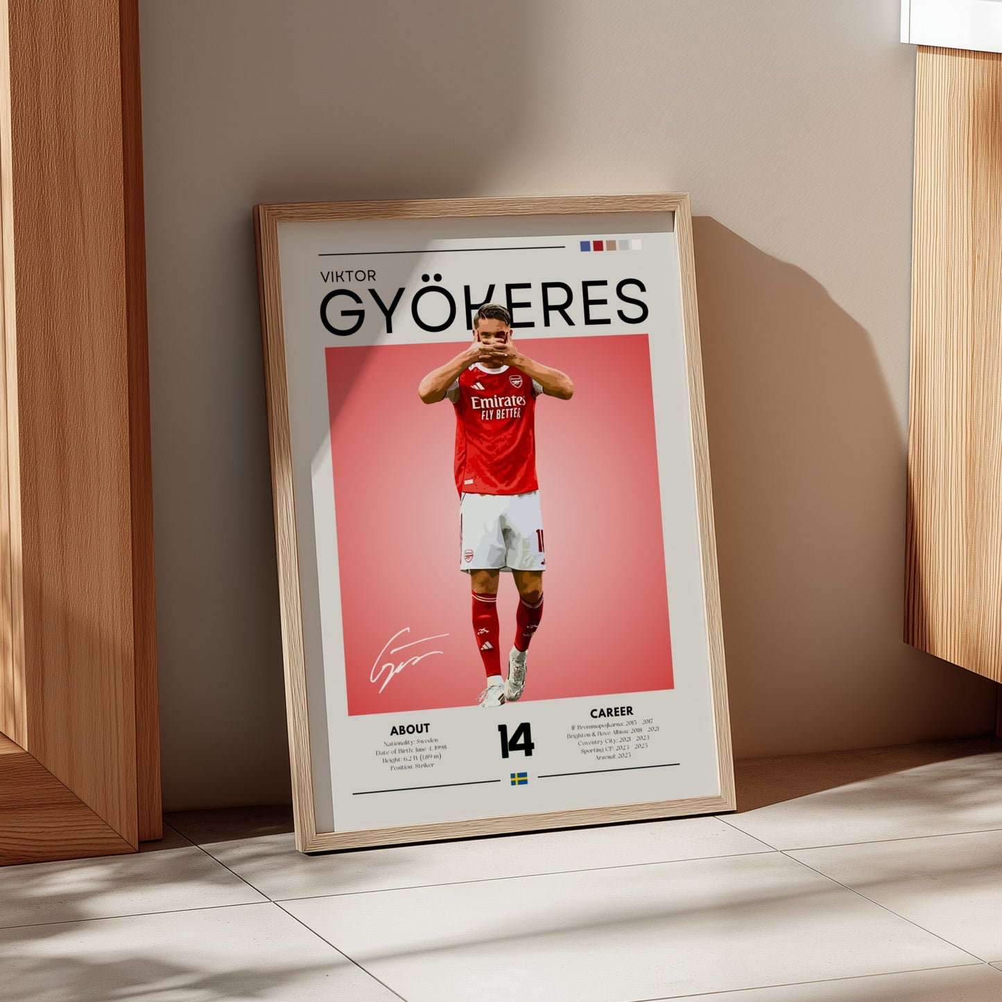Framed poster of a soccer player in a red jersey against a pink background