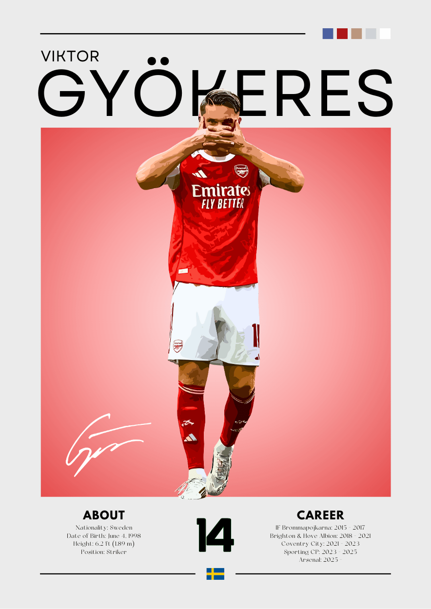 Soccer player in Arsenal uniform with red and white design on a pink background