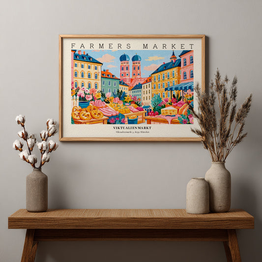 Farmers market poster showcasing vibrant stalls at Viktualienmarkt in Munich with colorful produce and flowers