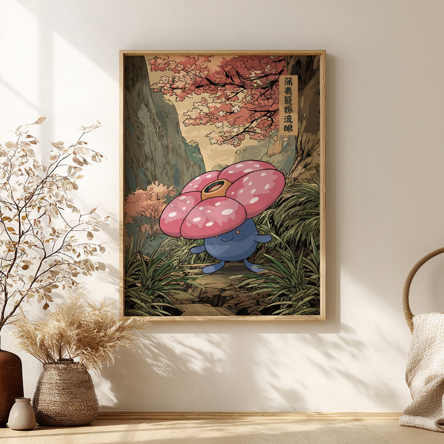 Framed artwork of Vileplume Pokemon character in a forest setting on a wall.