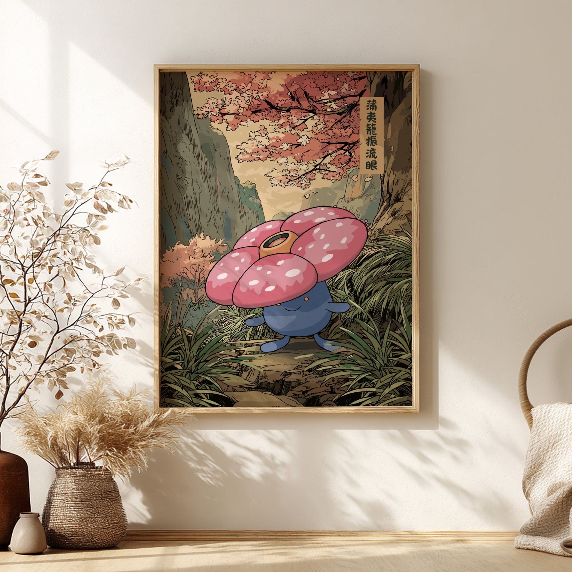Framed artwork of Vileplume Pokemon character in a forest setting on a wall.