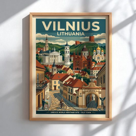 Travel poster of Vilnius Lithuania featuring the Old Town, historic cathedrals, and Uzupis.
