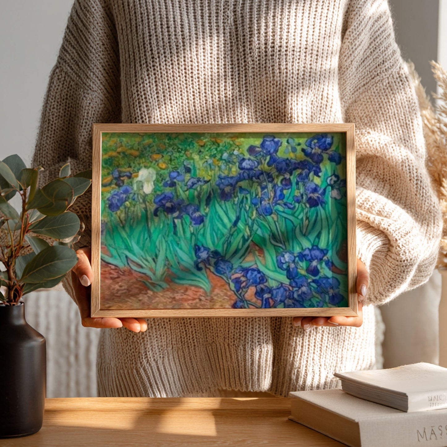 Vincent Van Gogh's Irises poster showcasing vibrant blue flowers and lush greenery, perfect for floral wall