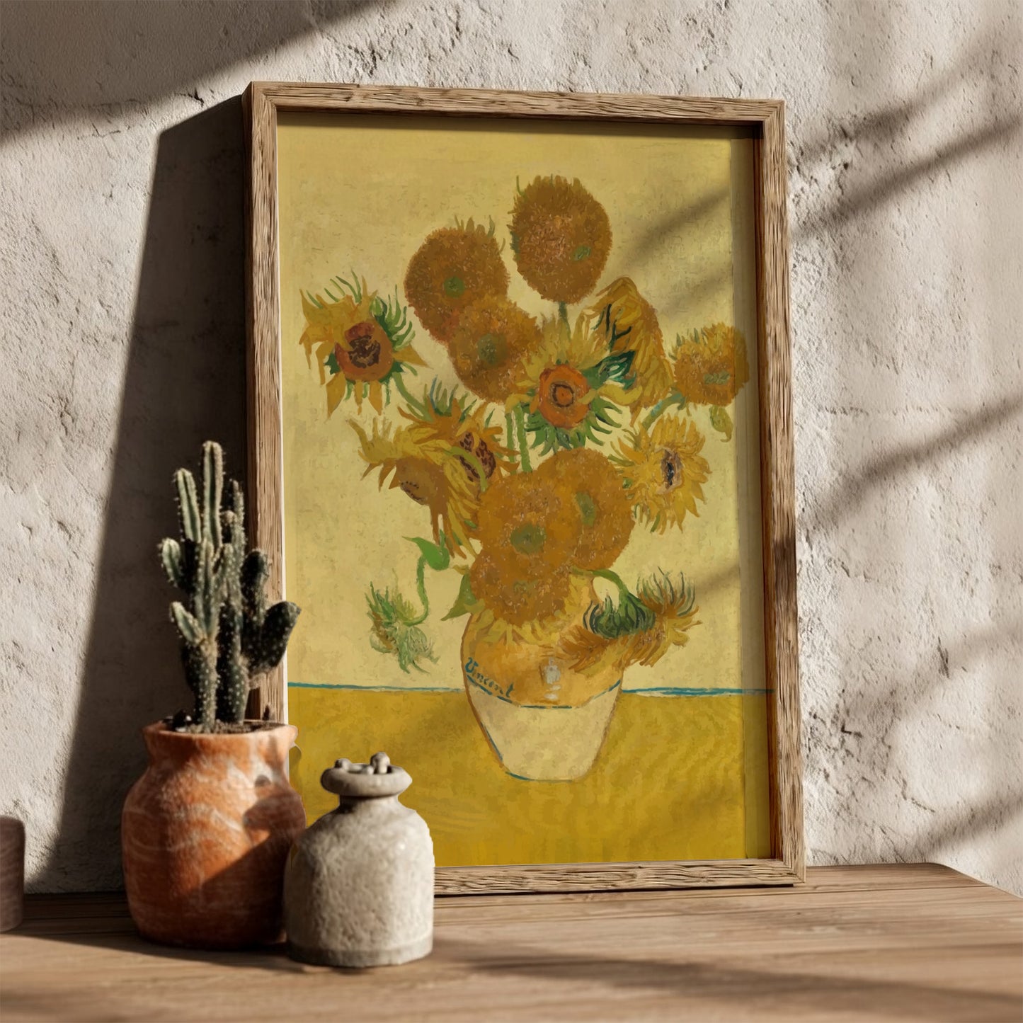 Van Gogh Sunflowers art poster featuring a bouquet of yellow sunflowers in a vase against a yellow background.