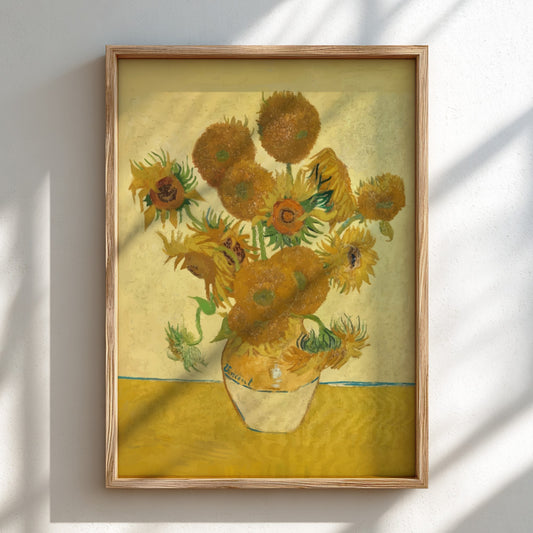 Van Gogh Sunflowers art poster featuring a bouquet of yellow sunflowers in a vase against a yellow background.