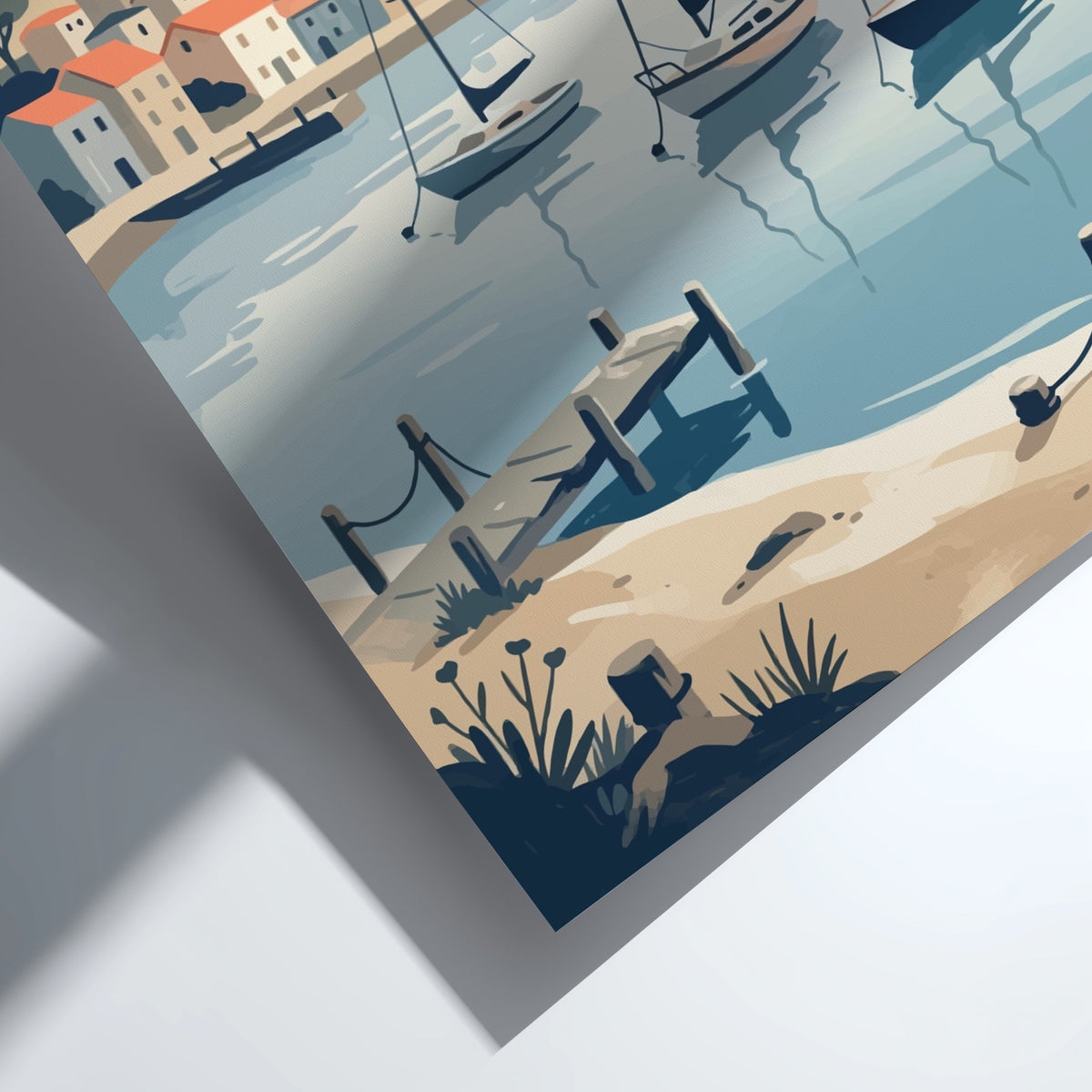 Mediterranean coastal village with sailboats in a harbor, rendered in a soft vintage style.