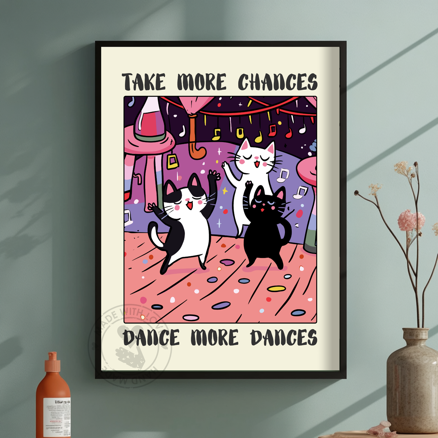 Retro Dancing Cats Wall Print, Cute Cats Prints, Positive Poster, Motivational wall art