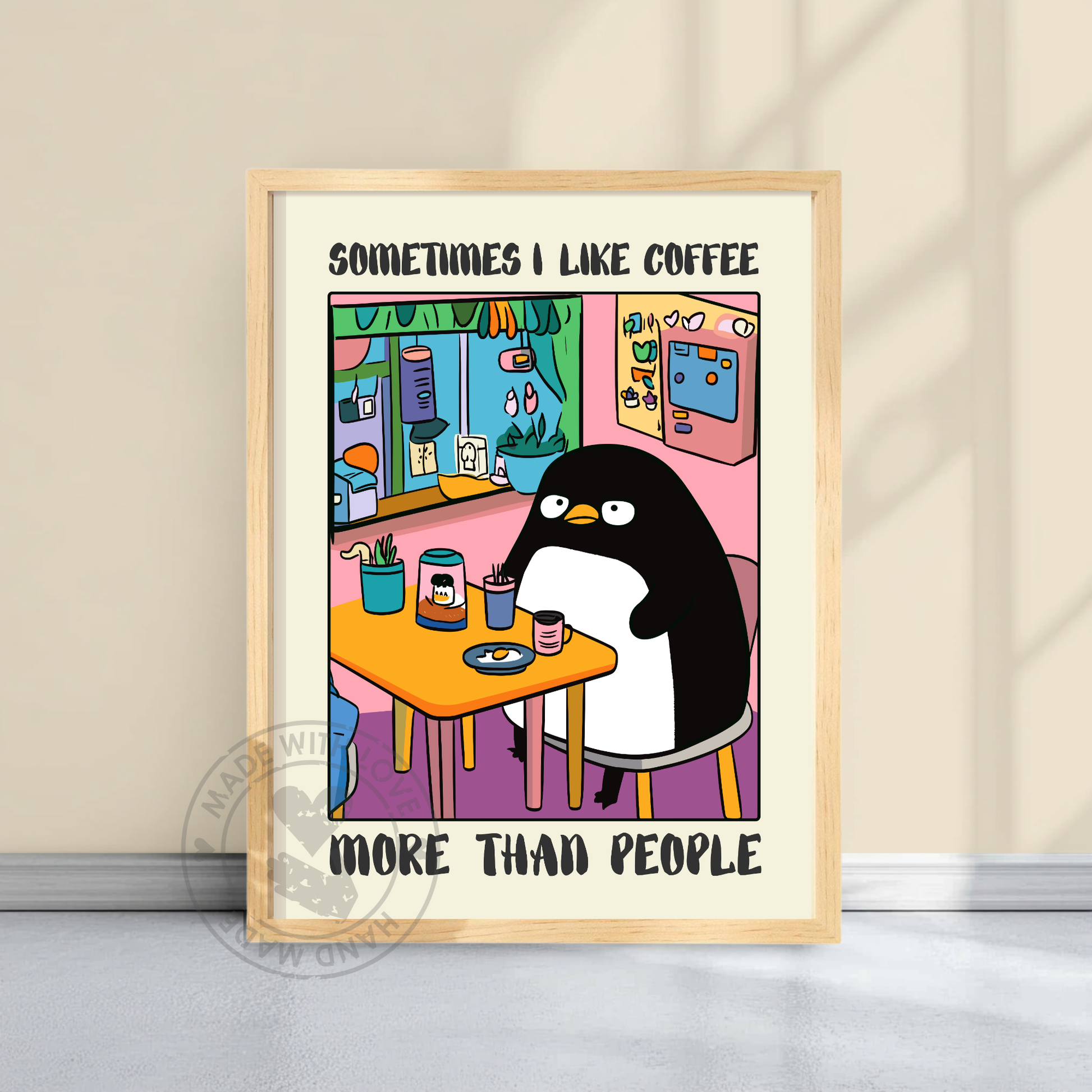 Sometimes I like coffee more than people – Funny Penguin Poster, Quirky Animal Art, Whimsical Wall Decor, Cottagecore Aesthetic