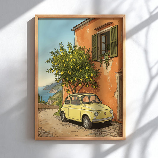 Poster of a yellow vintage car parked by a lemon tree on cobblestone