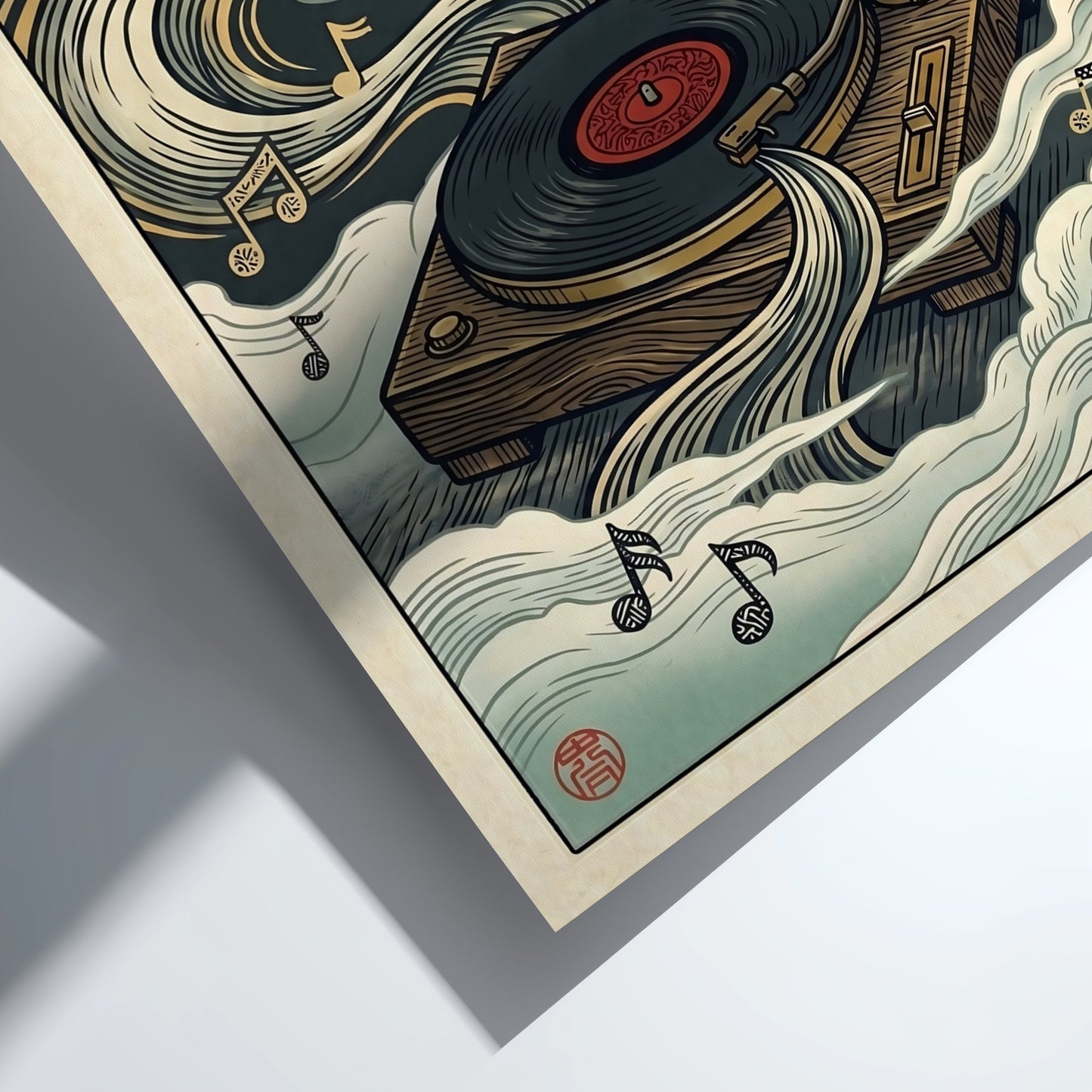Japanese art style poster featuring a turntable and clouds in rich colors