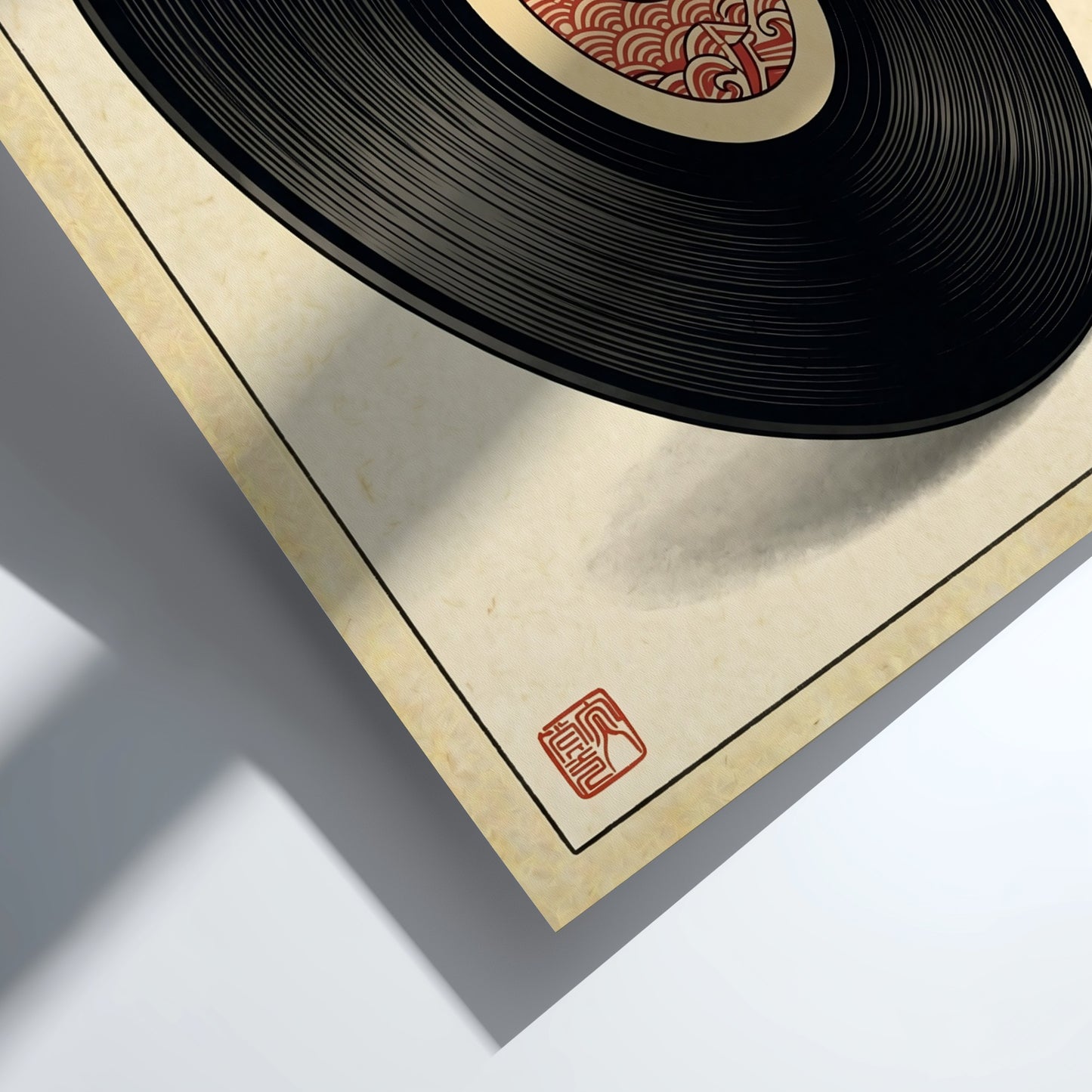 Vinyl record art poster featuring Japanese design elements in red and earthy tones