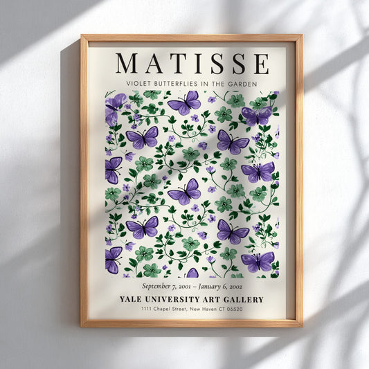 Henri Matisse poster featuring violet butterflies and green foliage, floral decor for wall art