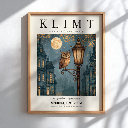 Poster inspired by Gustav Klimt featuring an owl on a lamp post with blue and gold colors
