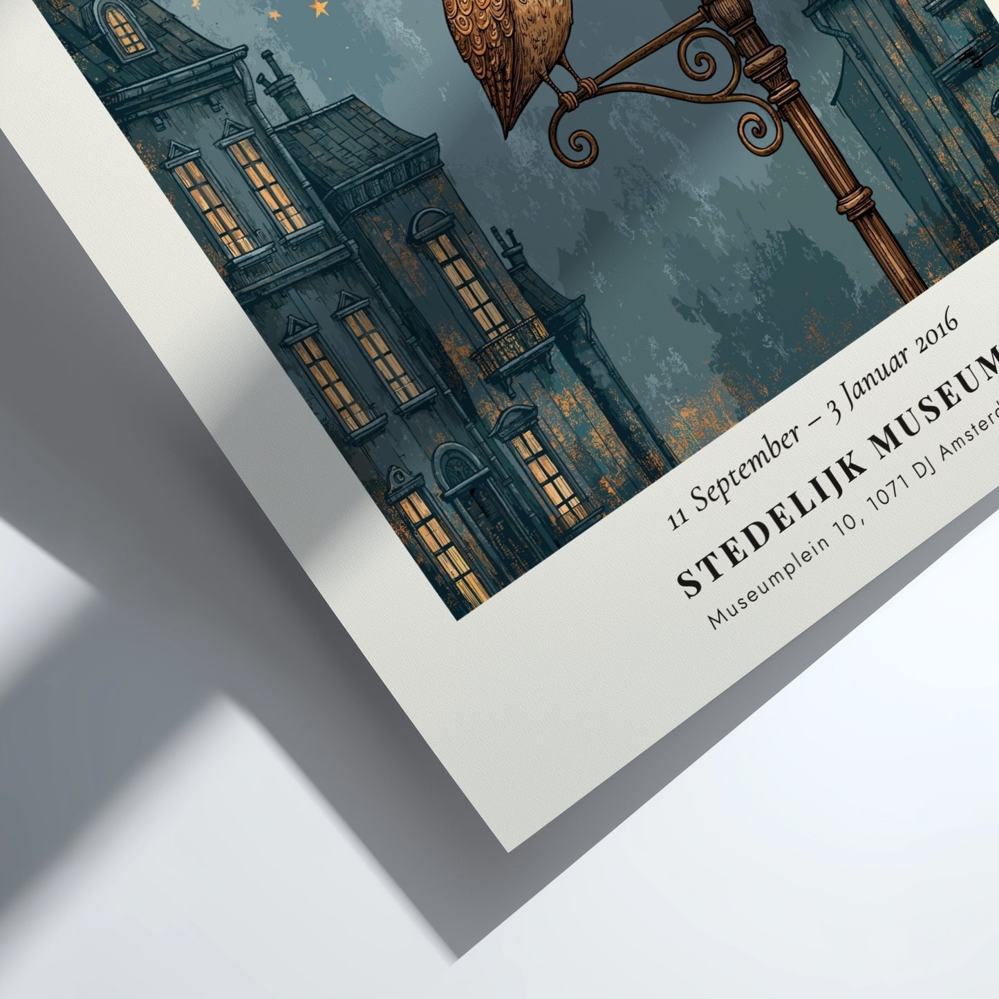 Poster inspired by Gustav Klimt featuring an owl on a lamp post with blue and gold colors