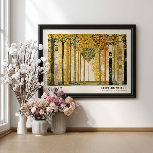 Violett - Blüte und Dunkel poster featuring Klimt's landscape art with golden hues and intricate patterns.